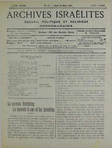 Archives israélites de France. Vol.68 N°11 (14 mars 1907)